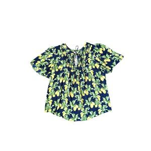 LOFT Petites MP Lemon Print Smocked Blouse Navy Yellow Short Sleeve Peasant Top